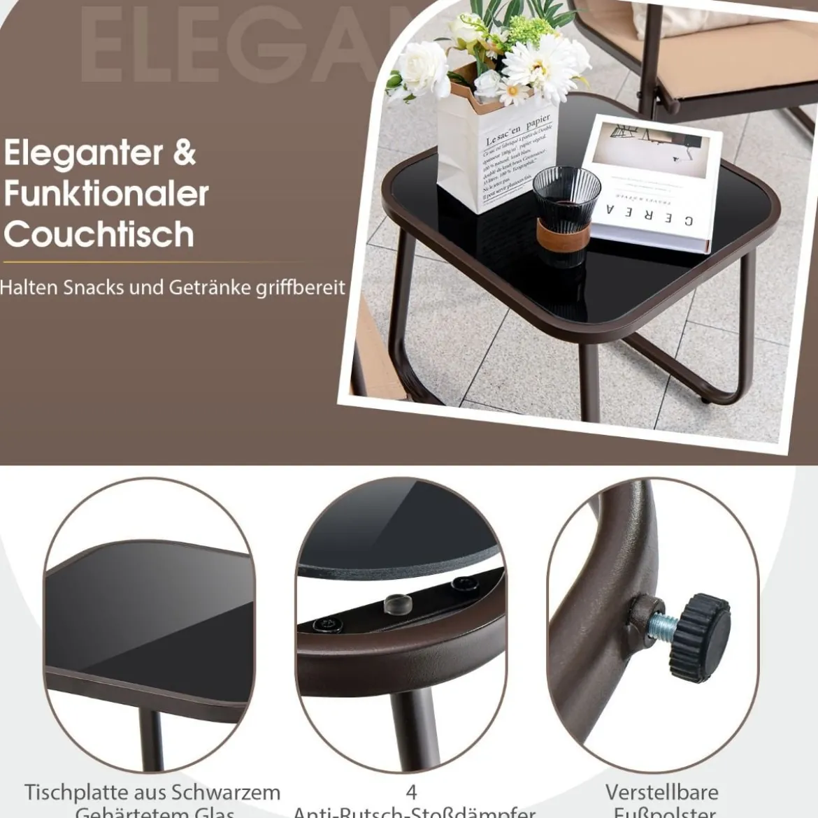 3-Teiliges Terrassen-Gesprächsset Outdoor-Metallstuhl- und Tischset Braun