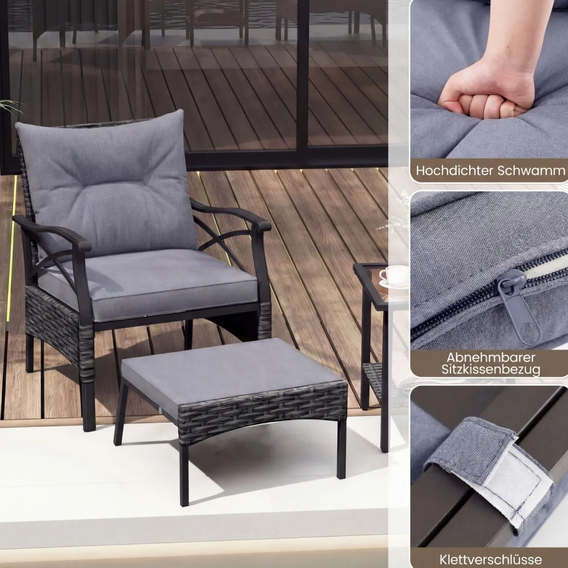 5-teiliges Terrassenmöbel-Set aus Korbgeflecht Outdoor-Rattanstühle mit Ottomanen Grau