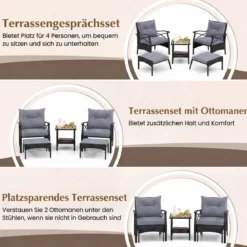 5-teiliges Terrassenmöbel-Set aus Korbgeflecht Outdoor-Rattanstühle mit Ottomanen Grau