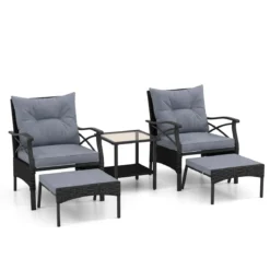 5-teiliges Terrassenmöbel-Set aus Korbgeflecht Outdoor-Rattanstühle mit Ottomanen Grau