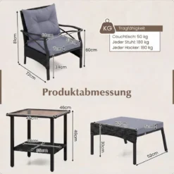 5-teiliges Terrassenmöbel-Set aus Korbgeflecht Outdoor-Rattanstühle mit Ottomanen Grau
