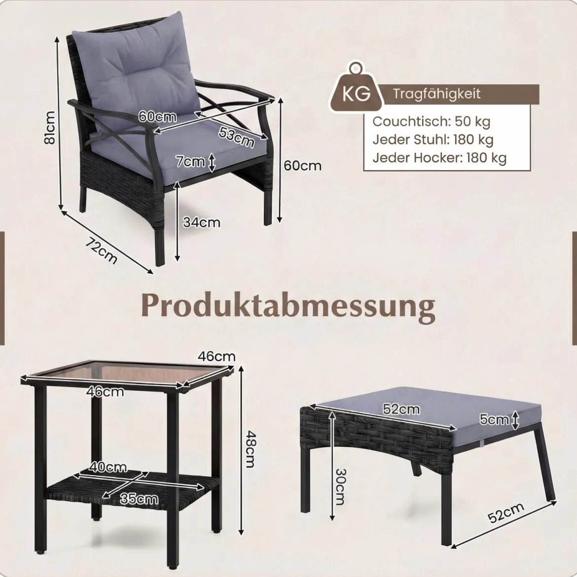 5-teiliges Terrassenmöbel-Set aus Korbgeflecht Outdoor-Rattanstühle mit Ottomanen Grau