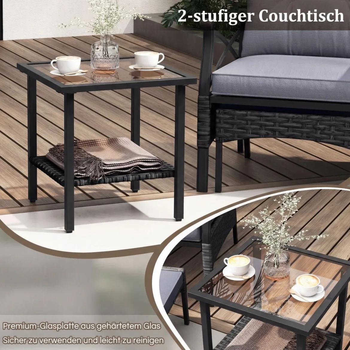 5-teiliges Terrassenmöbel-Set aus Korbgeflecht Outdoor-Rattanstühle mit Ottomanen Grau