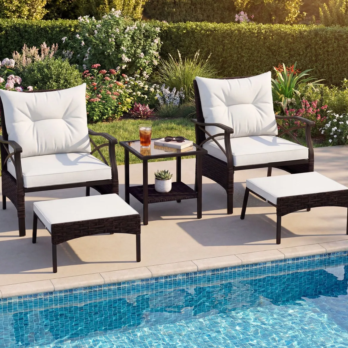 5-teiliges Terrassenmöbel-Set aus Korbgeflecht Outdoor-Rattanstühle mit Ottomanen Beige