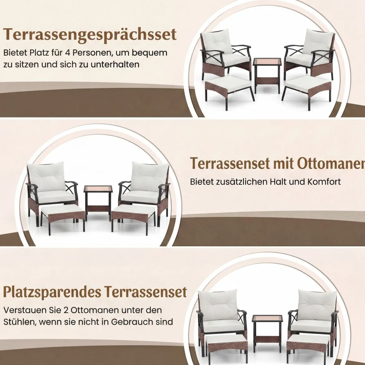 5-teiliges Terrassenmöbel-Set aus Korbgeflecht Outdoor-Rattanstühle mit Ottomanen Beige