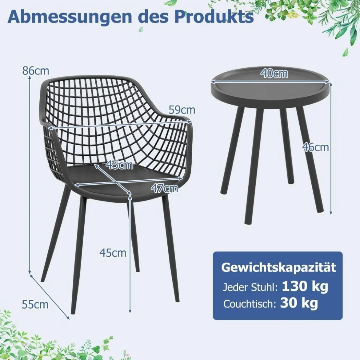 3-teiliges Terrassenmöbel-Set Bistrostühle und Beistelltisch mit Sitzflächen + Tischplatte aus PP Schwarz
