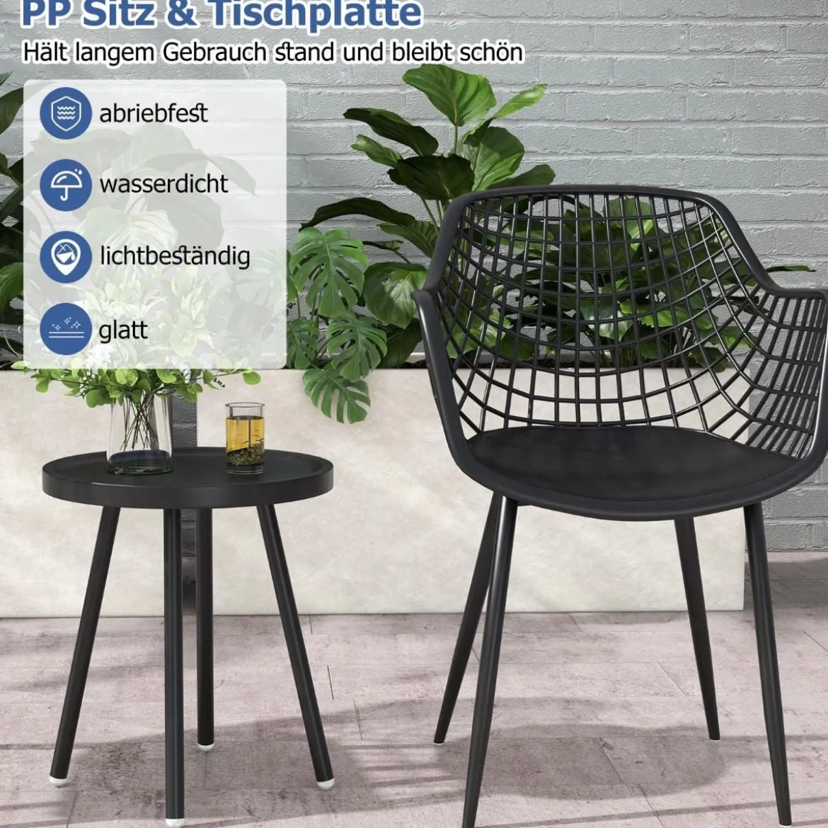 3-teiliges Terrassenmöbel-Set Bistrostühle und Beistelltisch mit Sitzflächen + Tischplatte aus PP Schwarz