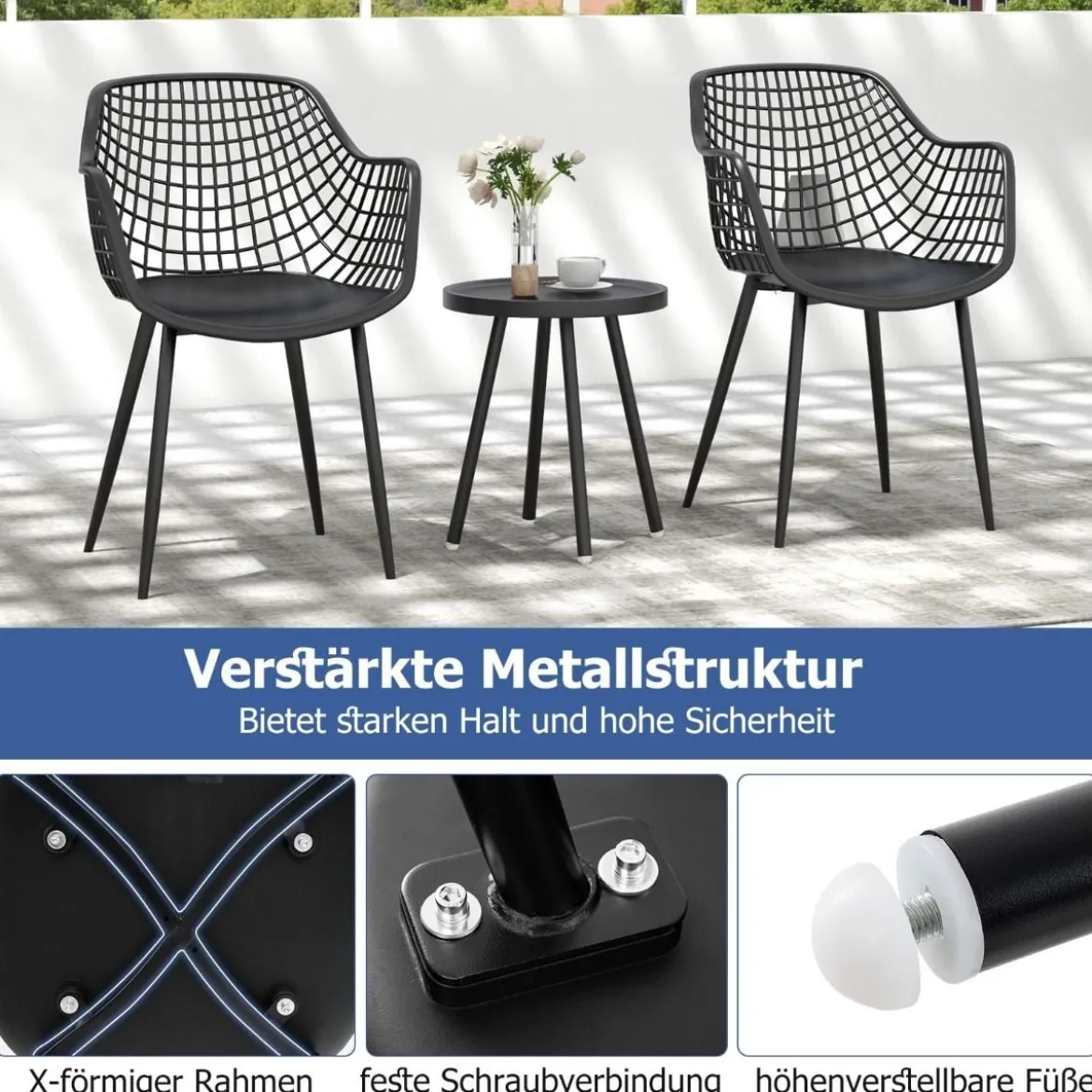 3-teiliges Terrassenmöbel-Set Bistrostühle und Beistelltisch mit Sitzflächen + Tischplatte aus PP Schwarz