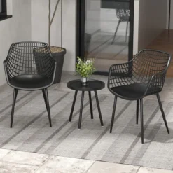 3-teiliges Terrassenmöbel-Set Bistrostühle und Beistelltisch mit Sitzflächen + Tischplatte aus PP Schwarz