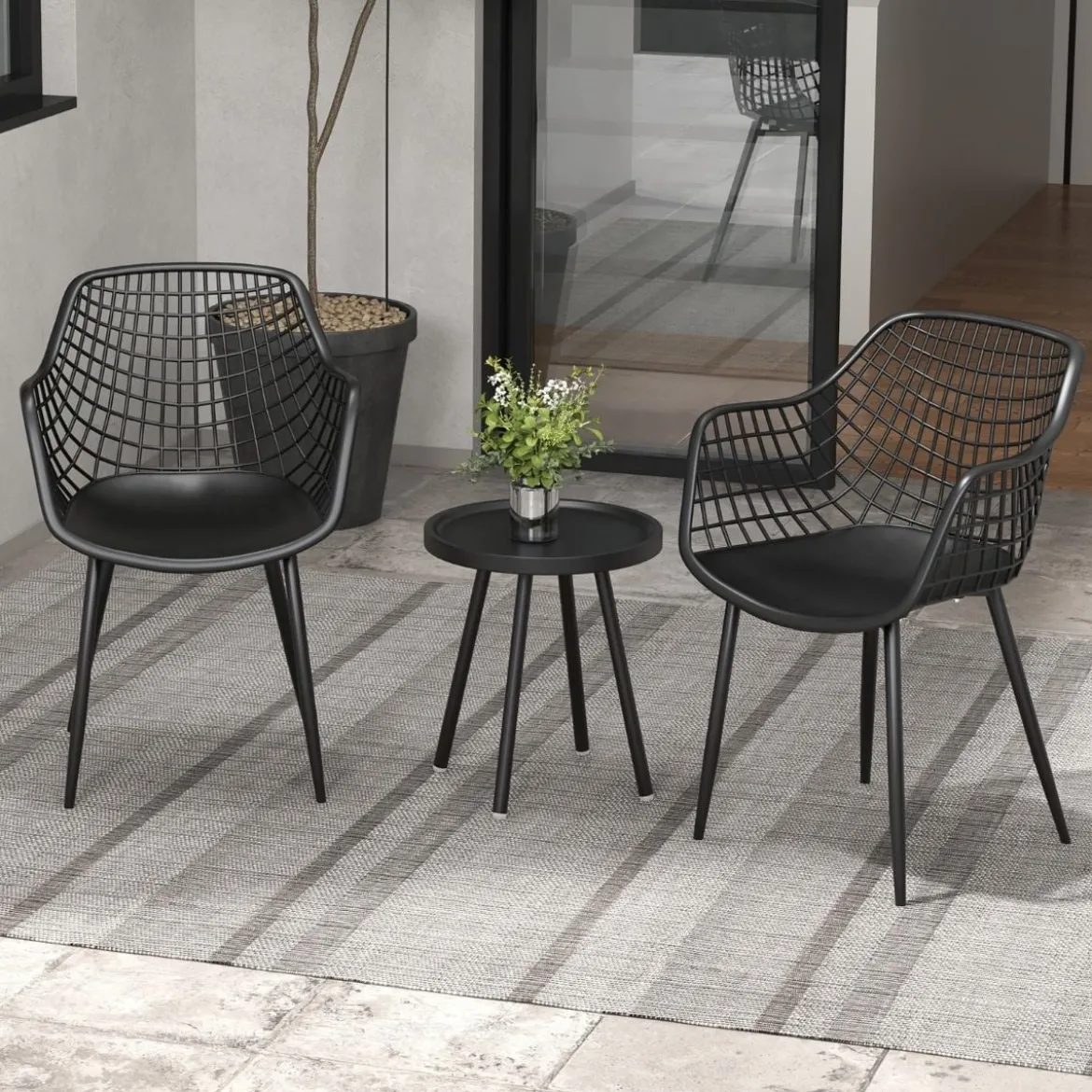3-teiliges Terrassenmöbel-Set Bistrostühle und Beistelltisch mit Sitzflächen + Tischplatte aus PP Schwarz