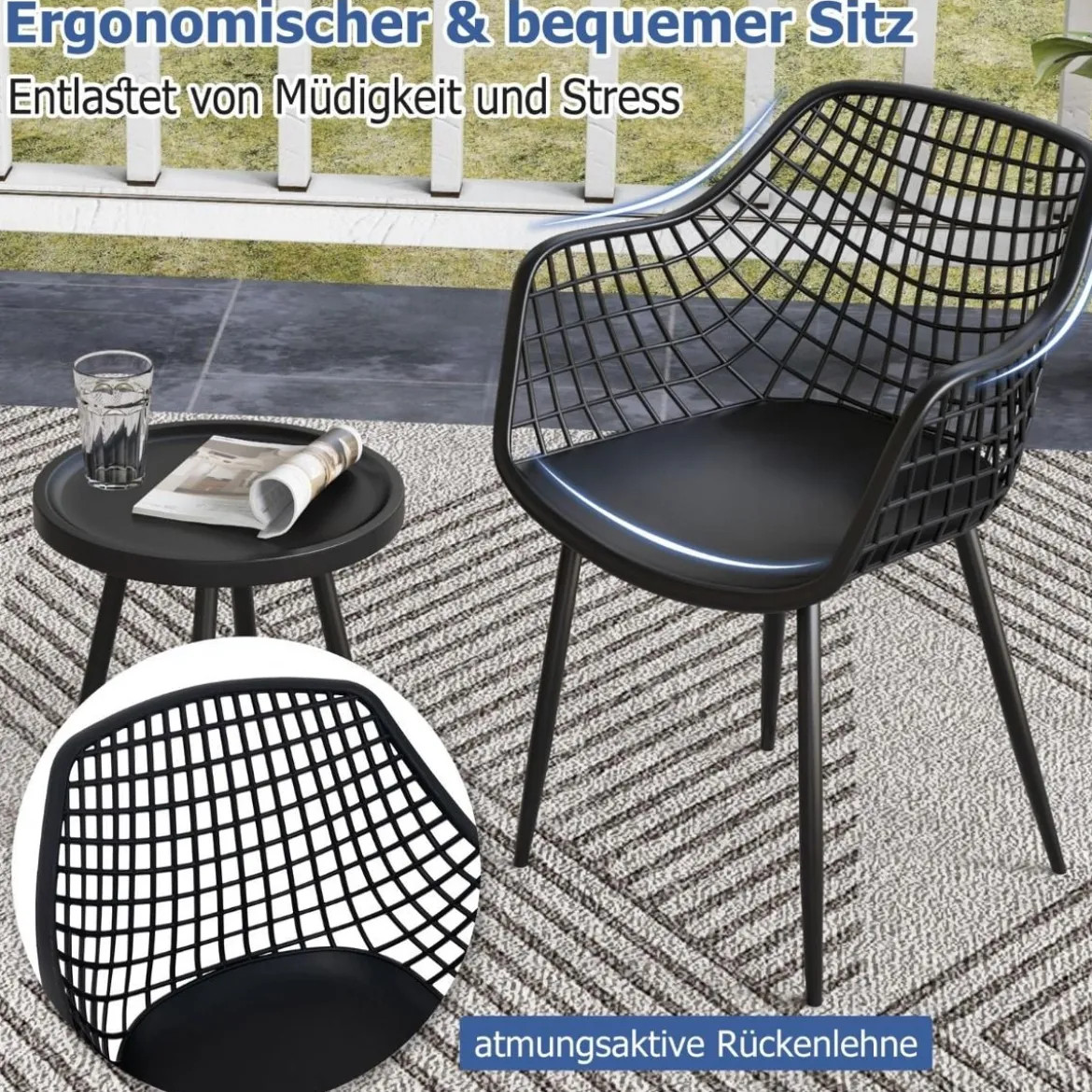 3-teiliges Terrassenmöbel-Set Bistrostühle und Beistelltisch mit Sitzflächen + Tischplatte aus PP Schwarz