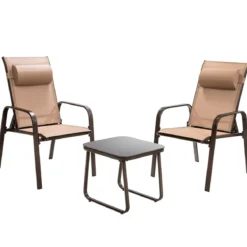 3-teiliges Terrassenmöbel-Set Couchtisch aus Hartglas und 2 stapelbare Stühle braun