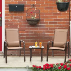 3-teiliges Terrassenmöbel-Set Couchtisch aus Hartglas und 2 stapelbare Stühle braun
