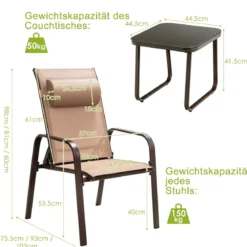 3-teiliges Terrassenmöbel-Set Couchtisch aus Hartglas und 2 stapelbare Stühle braun