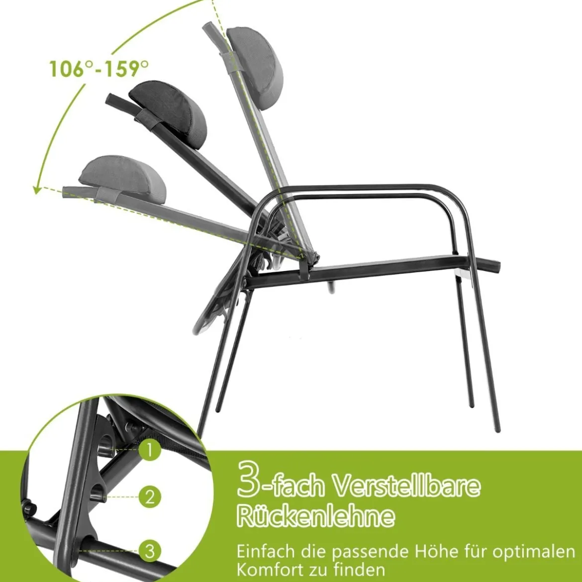 3-teiliges Terrassenmöbel-Set Couchtisch aus Hartglas und 2 stapelbare Stühle schwarz
