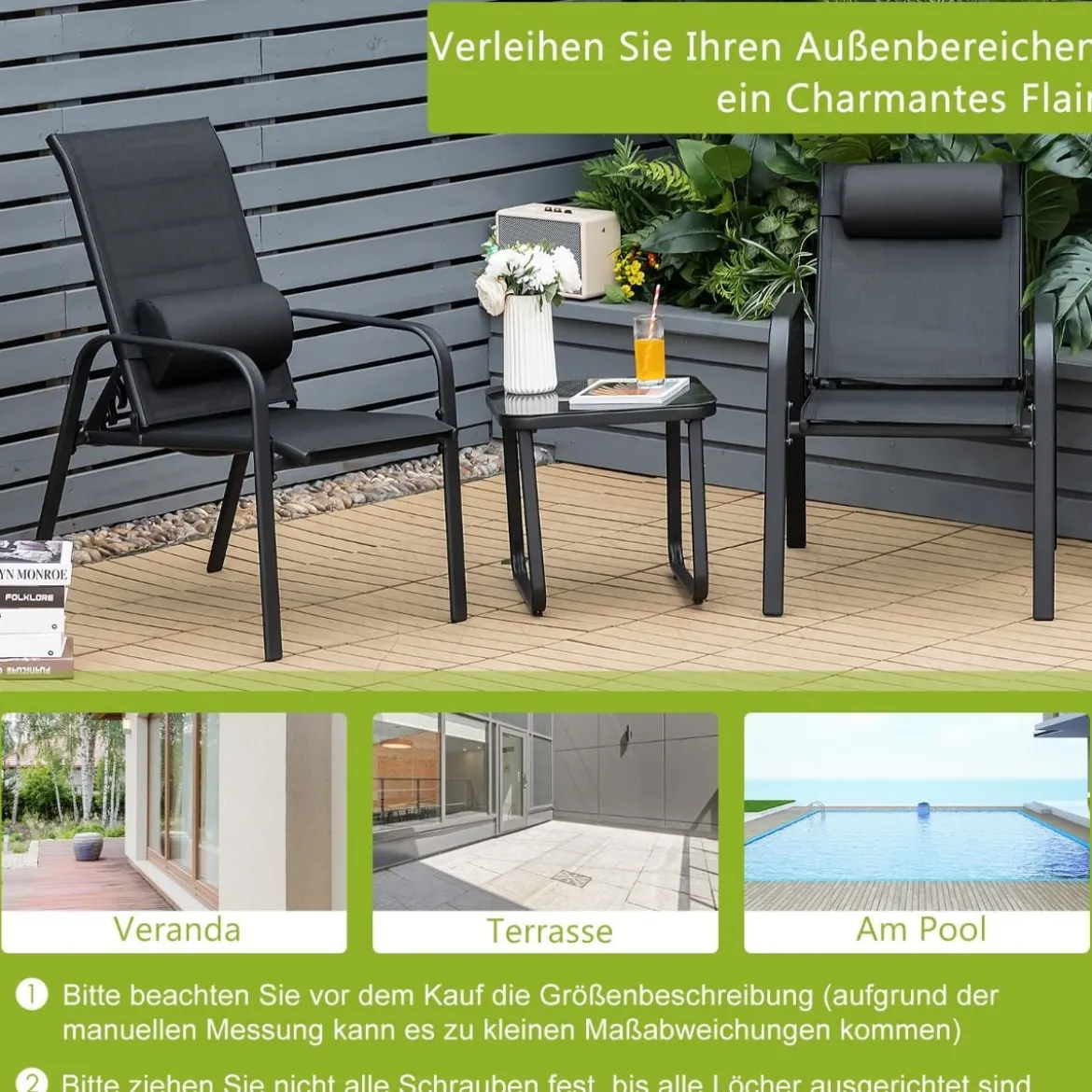 3-teiliges Terrassenmöbel-Set Couchtisch aus Hartglas und 2 stapelbare Stühle schwarz
