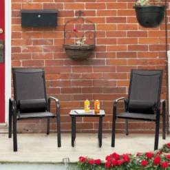3-teiliges Terrassenmöbel-Set Couchtisch aus Hartglas und 2 stapelbare Stühle schwarz