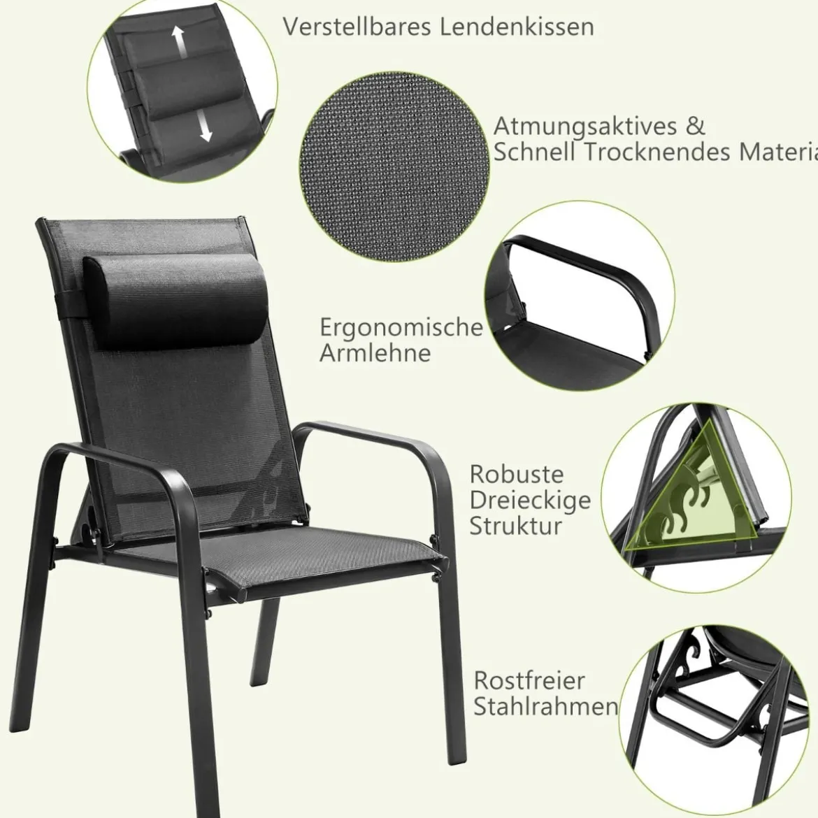 3-teiliges Terrassenmöbel-Set Couchtisch aus Hartglas und 2 stapelbare Stühle schwarz
