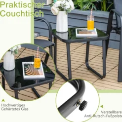 3-teiliges Terrassenmöbel-Set Couchtisch aus Hartglas und 2 stapelbare Stühle schwarz