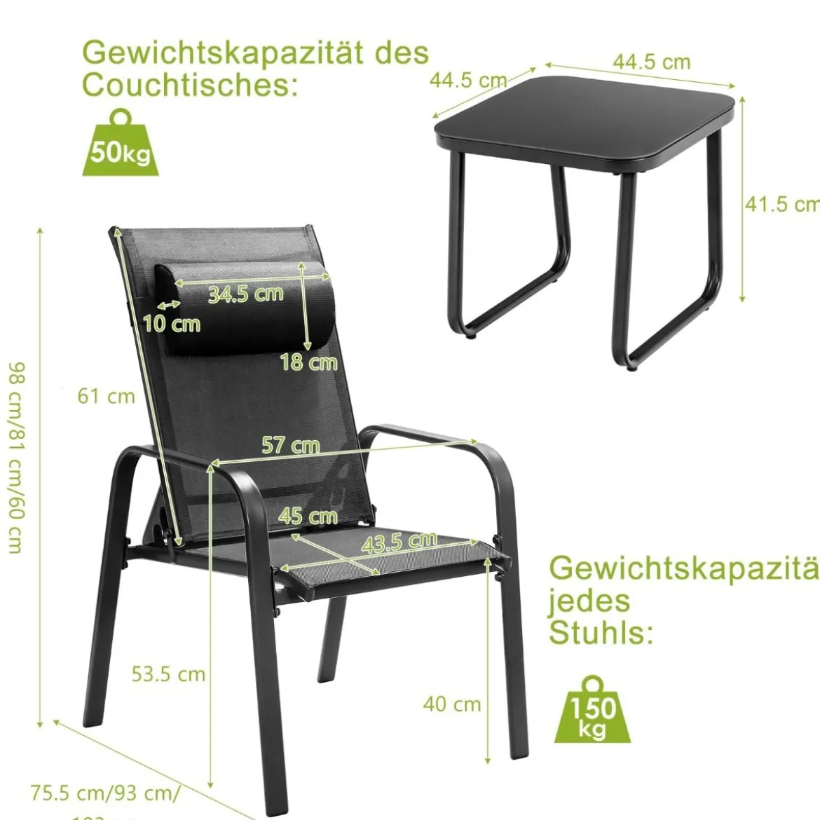 3-teiliges Terrassenmöbel-Set Couchtisch aus Hartglas und 2 stapelbare Stühle schwarz