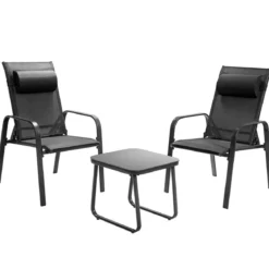 3-teiliges Terrassenmöbel-Set Couchtisch aus Hartglas und 2 stapelbare Stühle schwarz