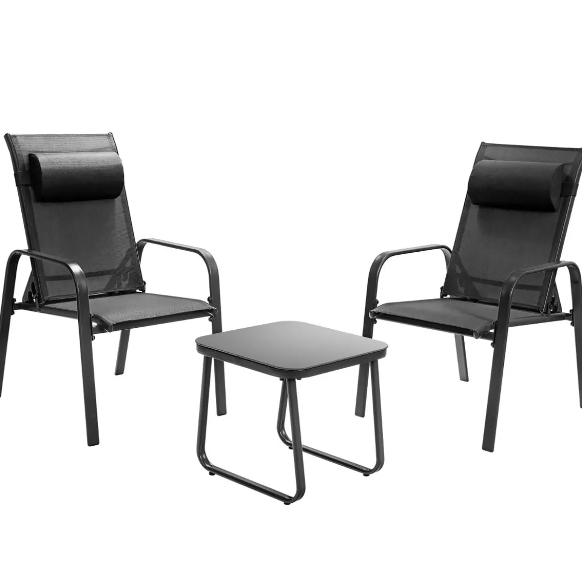 3-teiliges Terrassenmöbel-Set Couchtisch aus Hartglas und 2 stapelbare Stühle schwarz