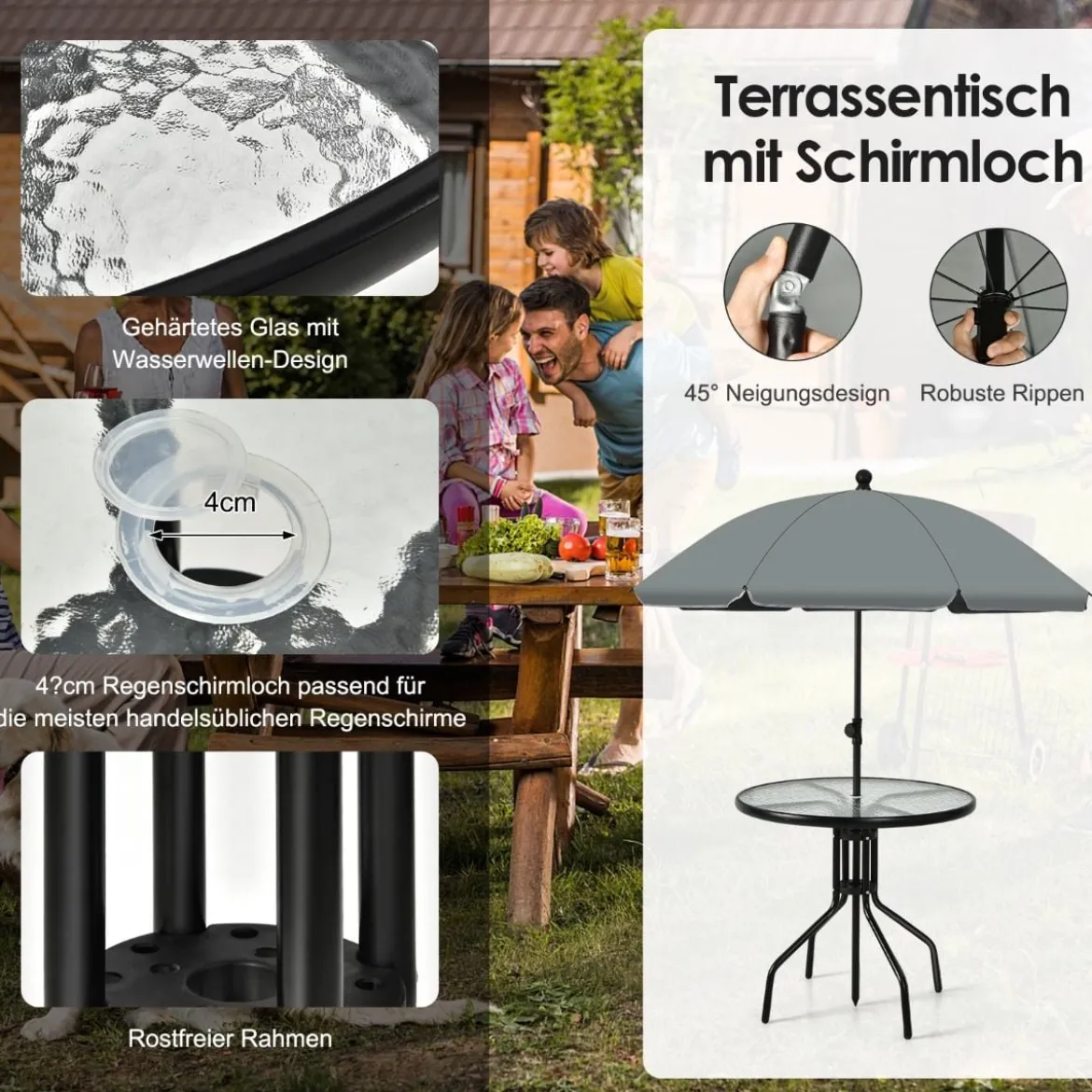 6 Teiliges Terrassenmöbelset mit Kaffeetisch & 4 Klappstühlen & Schirm
