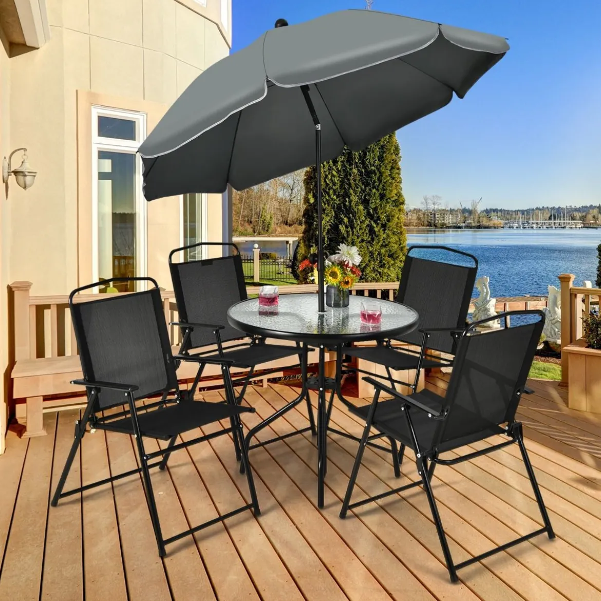 6 Teiliges Terrassenmöbelset mit Kaffeetisch & 4 Klappstühlen & Schirm