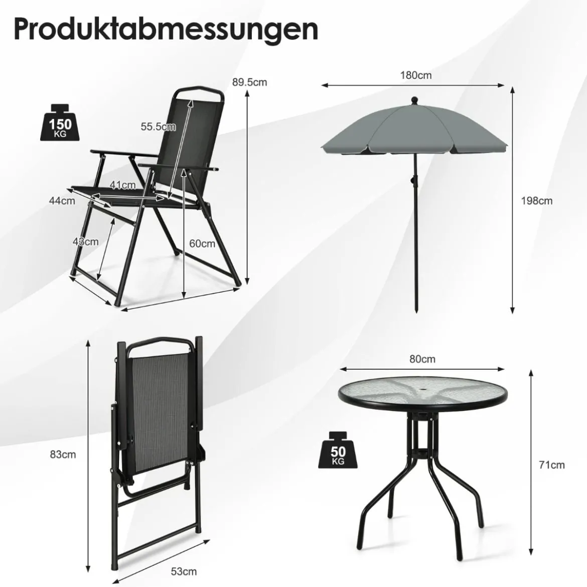 6 Teiliges Terrassenmöbelset mit Kaffeetisch & 4 Klappstühlen & Schirm