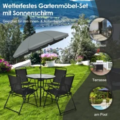 6 Teiliges Terrassenmöbelset mit Kaffeetisch & 4 Klappstühlen & Schirm