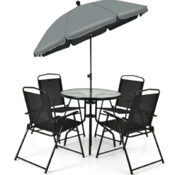 6 Teiliges Terrassenmöbelset mit Kaffeetisch & 4 Klappstühlen & Schirm