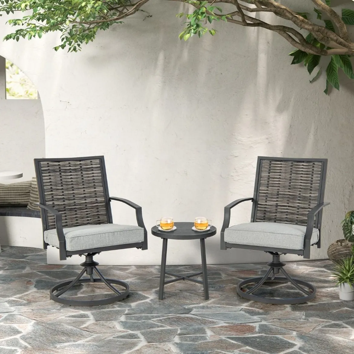 3-teiliges Terrassenmöbel-Set mit Kaffeetisch & Weichen Sitzkissen & Robustem Metallrahmen
