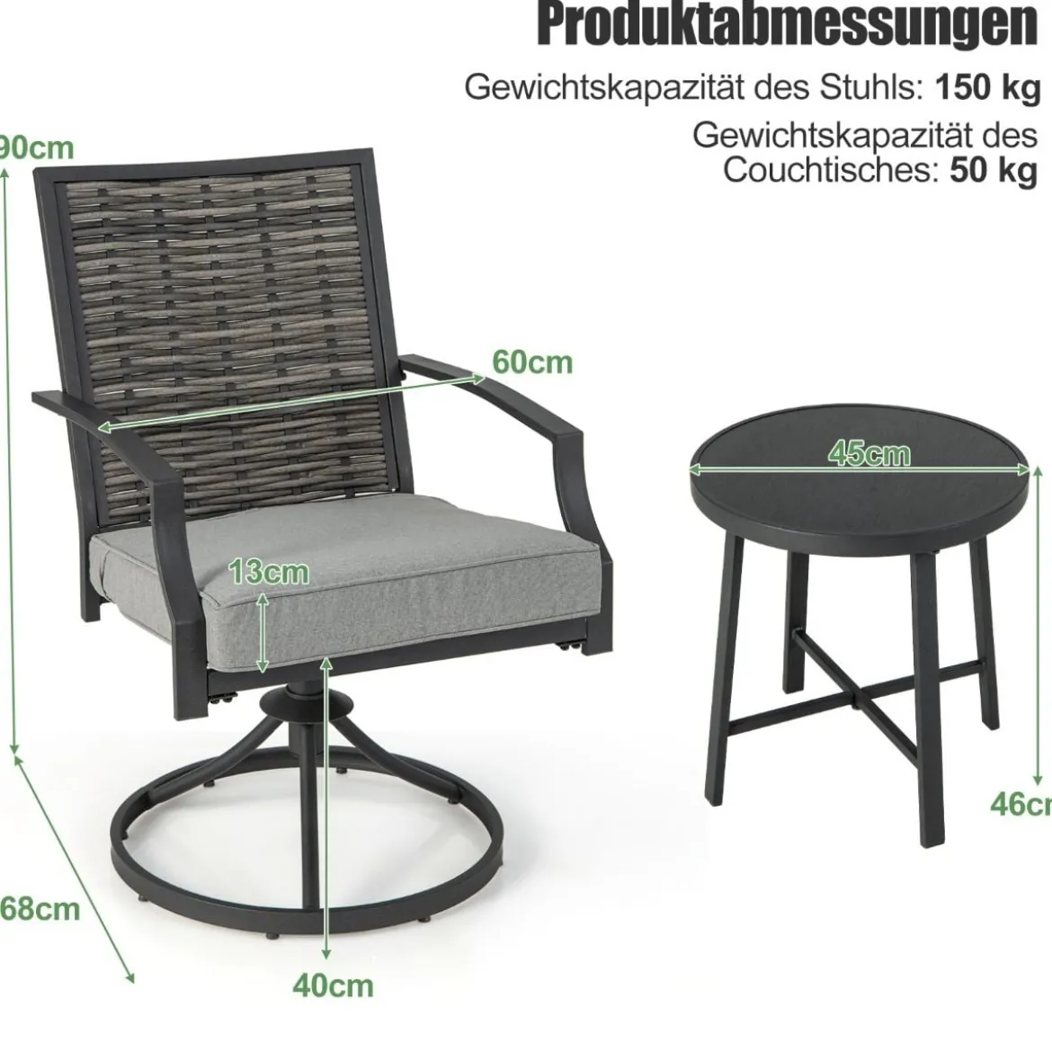 3-teiliges Terrassenmöbel-Set mit Kaffeetisch & Weichen Sitzkissen & Robustem Metallrahmen