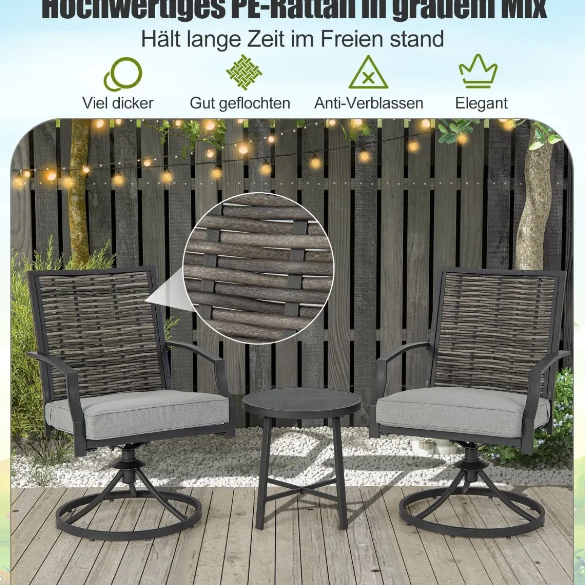 3-teiliges Terrassenmöbel-Set mit Kaffeetisch & Weichen Sitzkissen & Robustem Metallrahmen