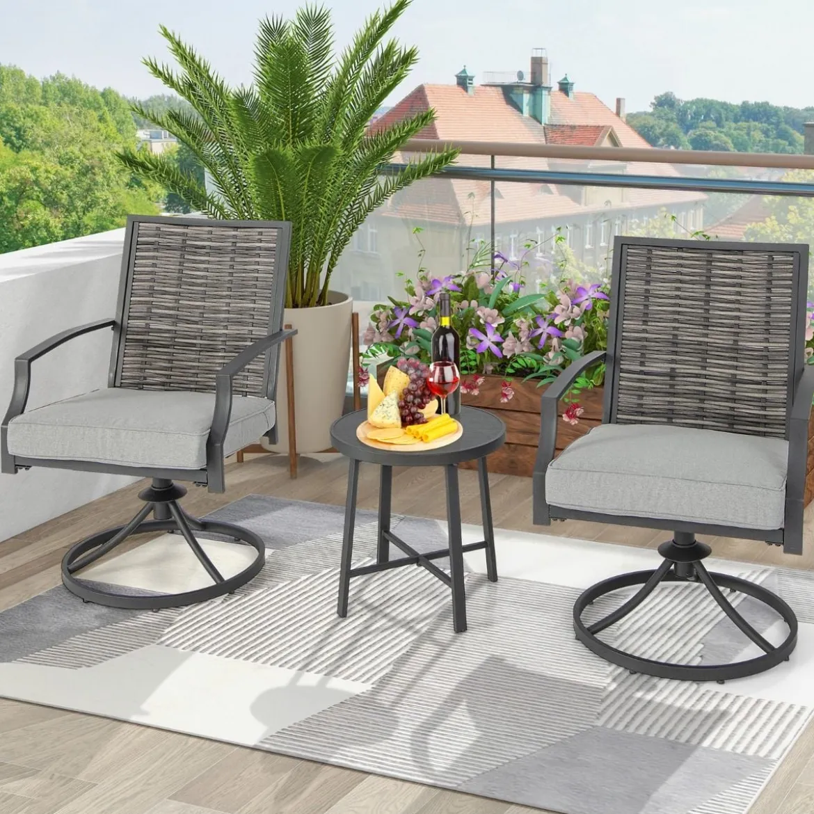 3-teiliges Terrassenmöbel-Set mit Kaffeetisch & Weichen Sitzkissen & Robustem Metallrahmen