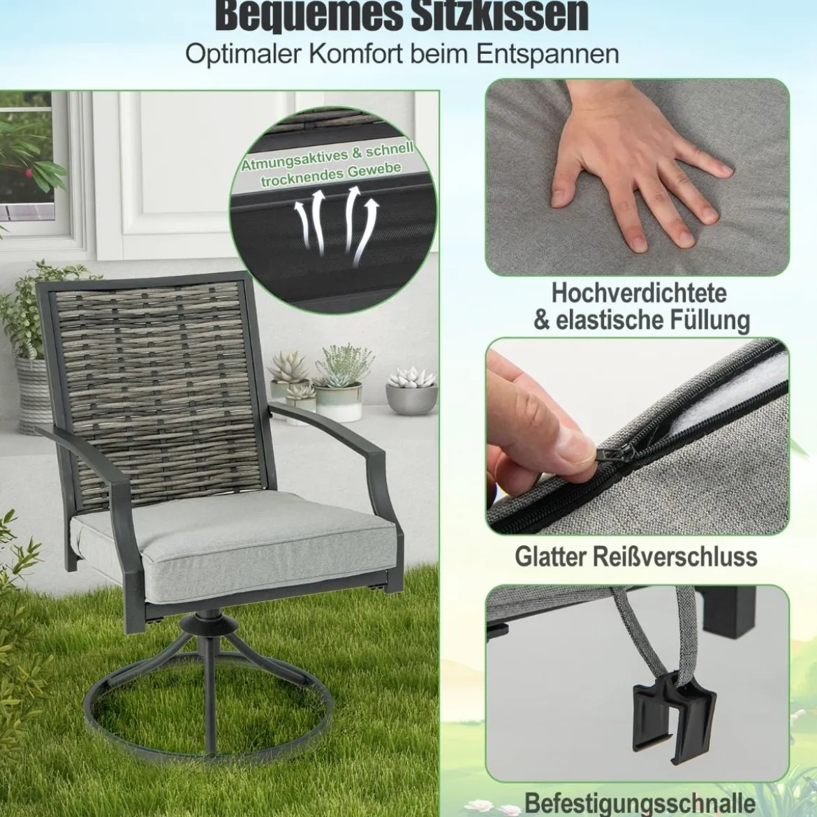 3-teiliges Terrassenmöbel-Set mit Kaffeetisch & Weichen Sitzkissen & Robustem Metallrahmen