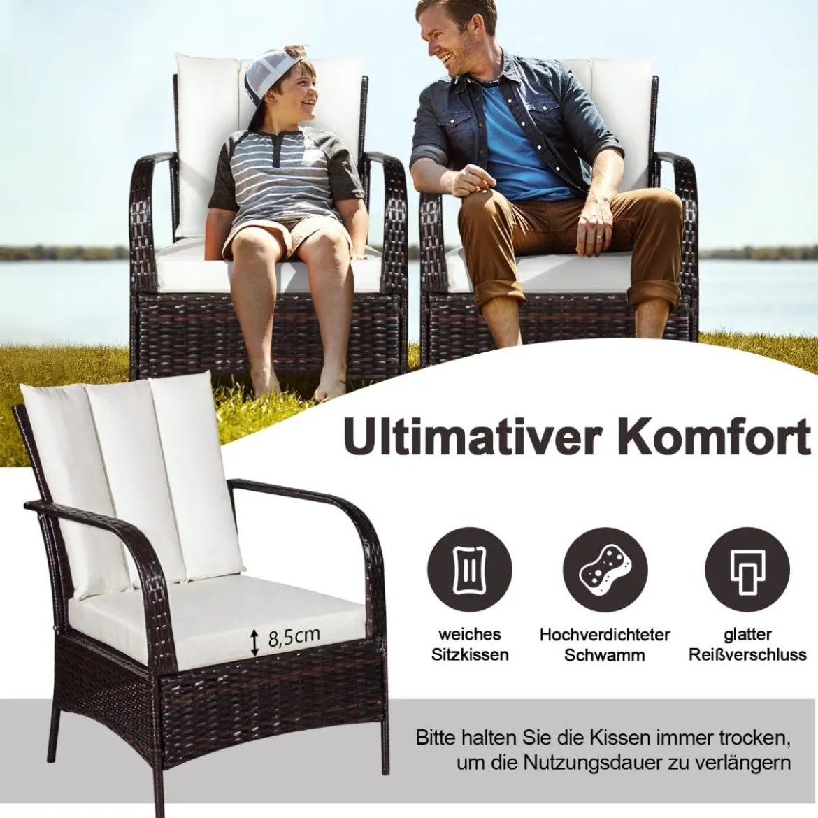 3-Teiliges Terrassenmöbel-Set 2 PE-Rattan-Stühle und Kaffeetisch Cremeweiß