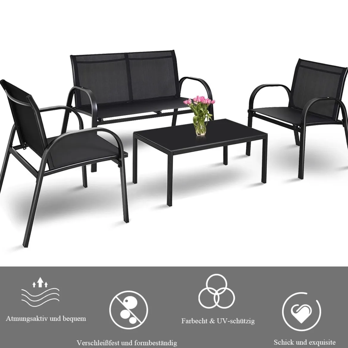 4-teiliges Terrassenmöbelset Terrassenmöbel Gartenmöbel Garten Lounge Set Sitzgruppe Sitzgarnitur Schwarz