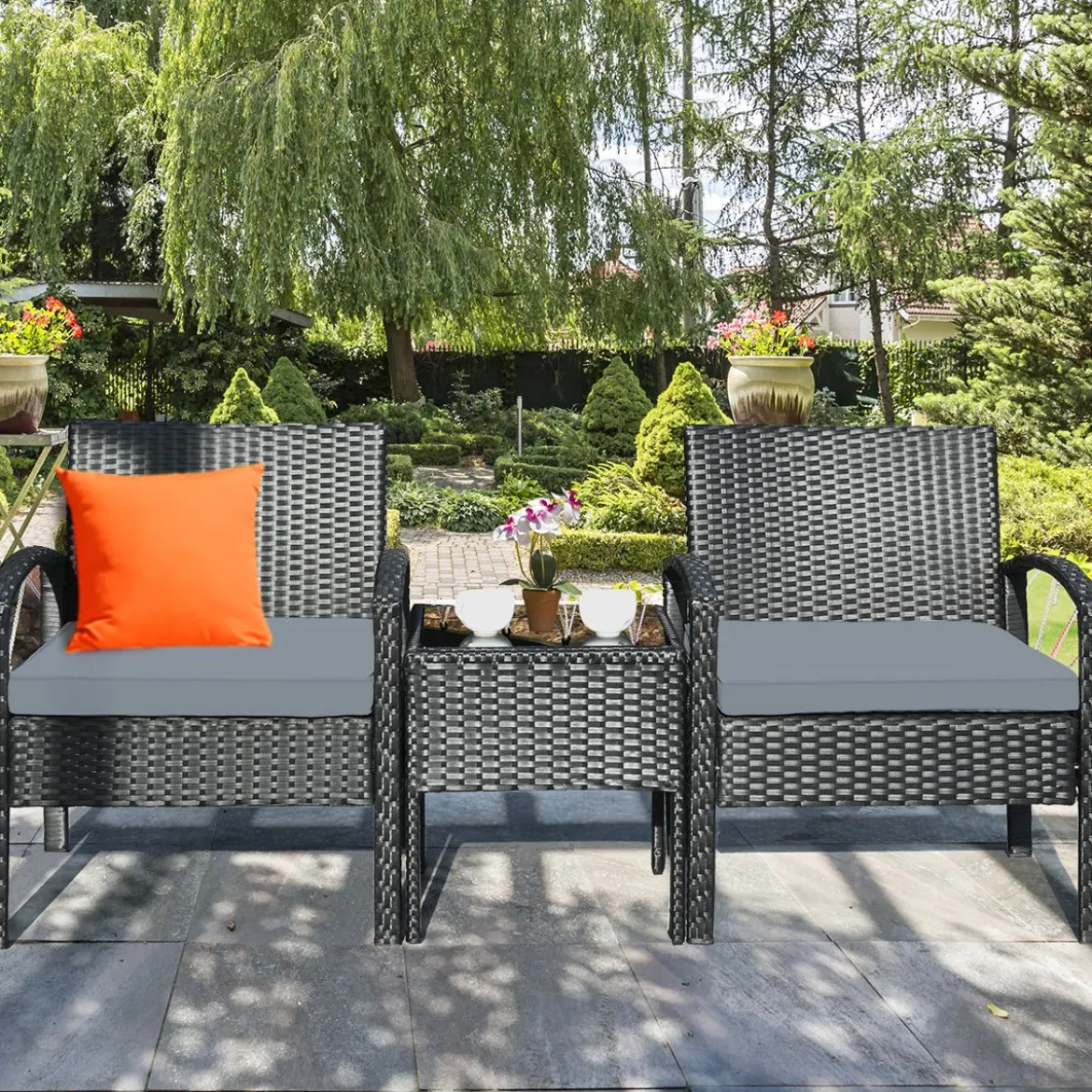 3-teiliges Terrassen-Set Outdoor-Rattan-Set mit Sitzkissen & Couchtisch modernes Möbel-Set Grau