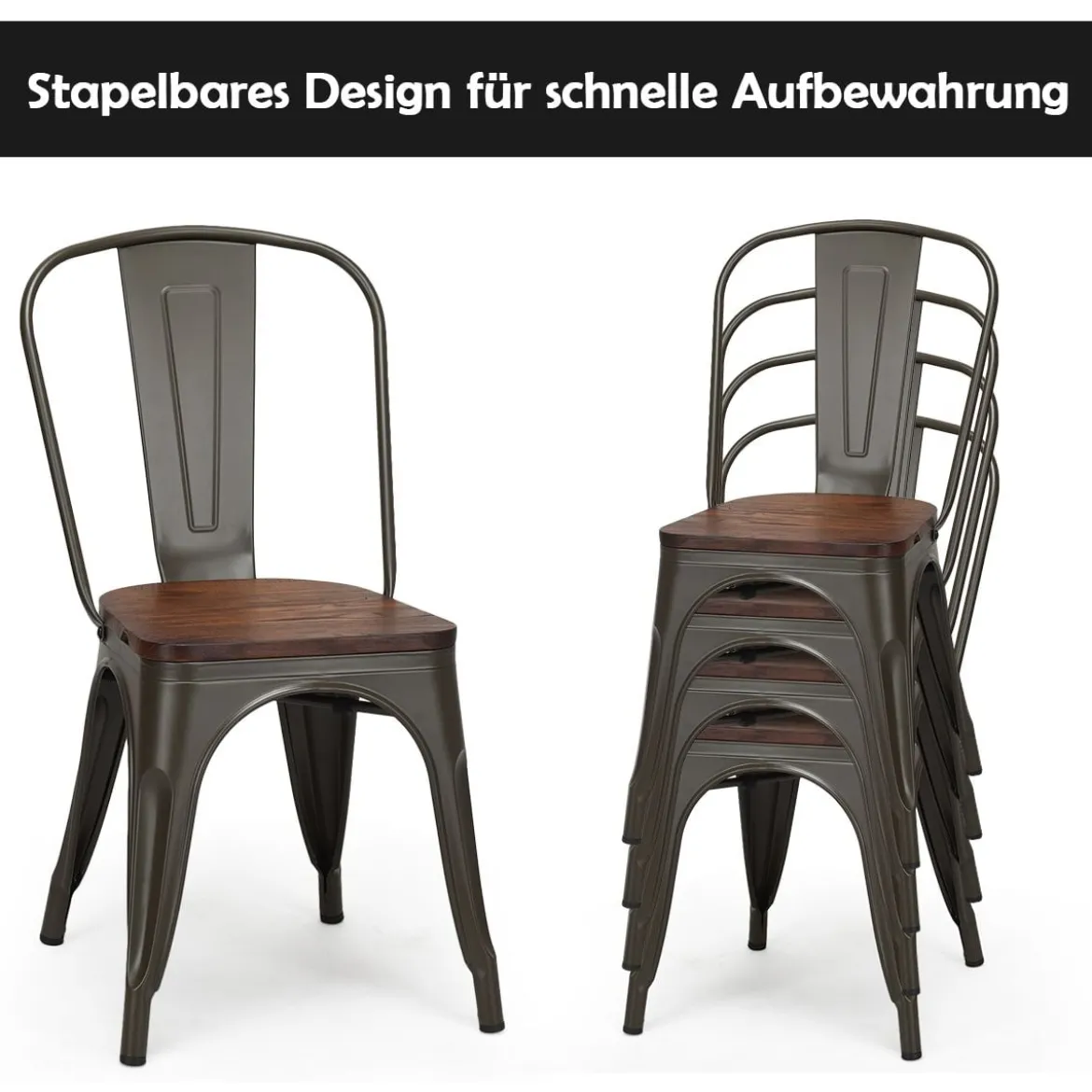 4-Teiliges Tolix Esszimmerstuhl Set aus Ulmenholz Bistrostuhl Stapelbare Metallstühle 52 x 42 x 84 cm Braun + Grau