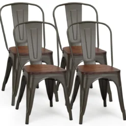 4-Teiliges Tolix Esszimmerstuhl Set aus Ulmenholz Bistrostuhl Stapelbare Metallstühle 52 x 42 x 84 cm Braun + Grau