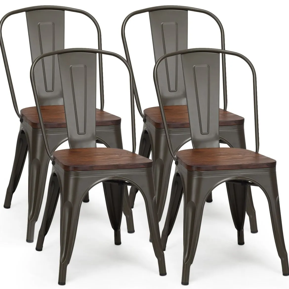 4-Teiliges Tolix Esszimmerstuhl Set aus Ulmenholz Bistrostuhl Stapelbare Metallstühle 52 x 42 x 84 cm Braun + Grau