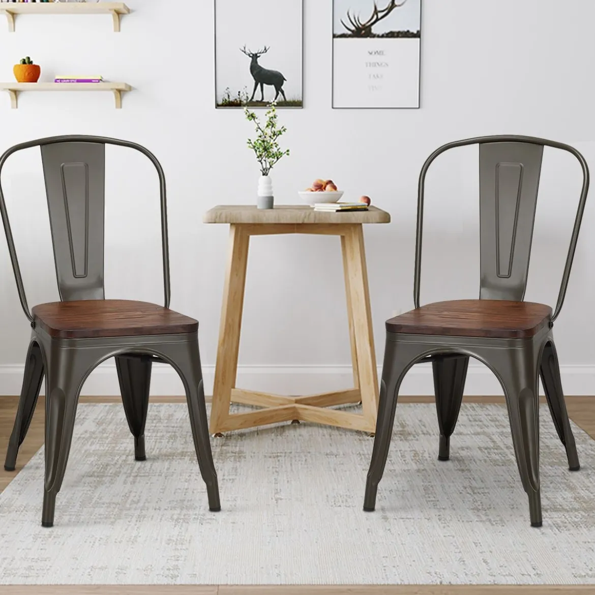 4-Teiliges Tolix Esszimmerstuhl Set aus Ulmenholz Bistrostuhl Stapelbare Metallstühle 52 x 42 x 84 cm Braun + Grau