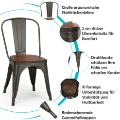 4-Teiliges Tolix Esszimmerstuhl Set aus Ulmenholz Bistrostuhl Stapelbare Metallstühle 52 x 42 x 84 cm Braun + Grau