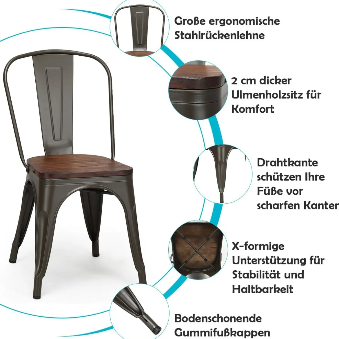 4-Teiliges Tolix Esszimmerstuhl Set aus Ulmenholz Bistrostuhl Stapelbare Metallstühle 52 x 42 x 84 cm Braun + Grau