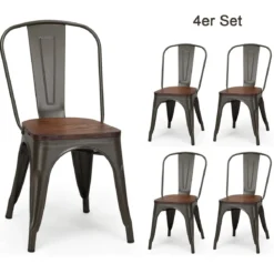 4-Teiliges Tolix Esszimmerstuhl Set aus Ulmenholz Bistrostuhl Stapelbare Metallstühle 52 x 42 x 84 cm Braun + Grau