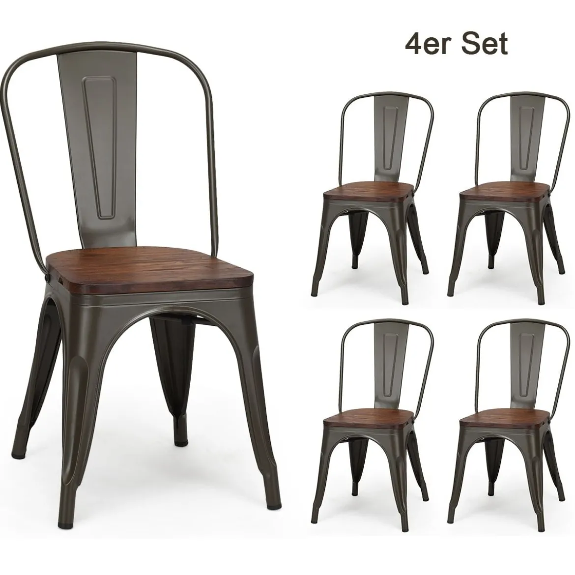 4-Teiliges Tolix Esszimmerstuhl Set aus Ulmenholz Bistrostuhl Stapelbare Metallstühle 52 x 42 x 84 cm Braun + Grau