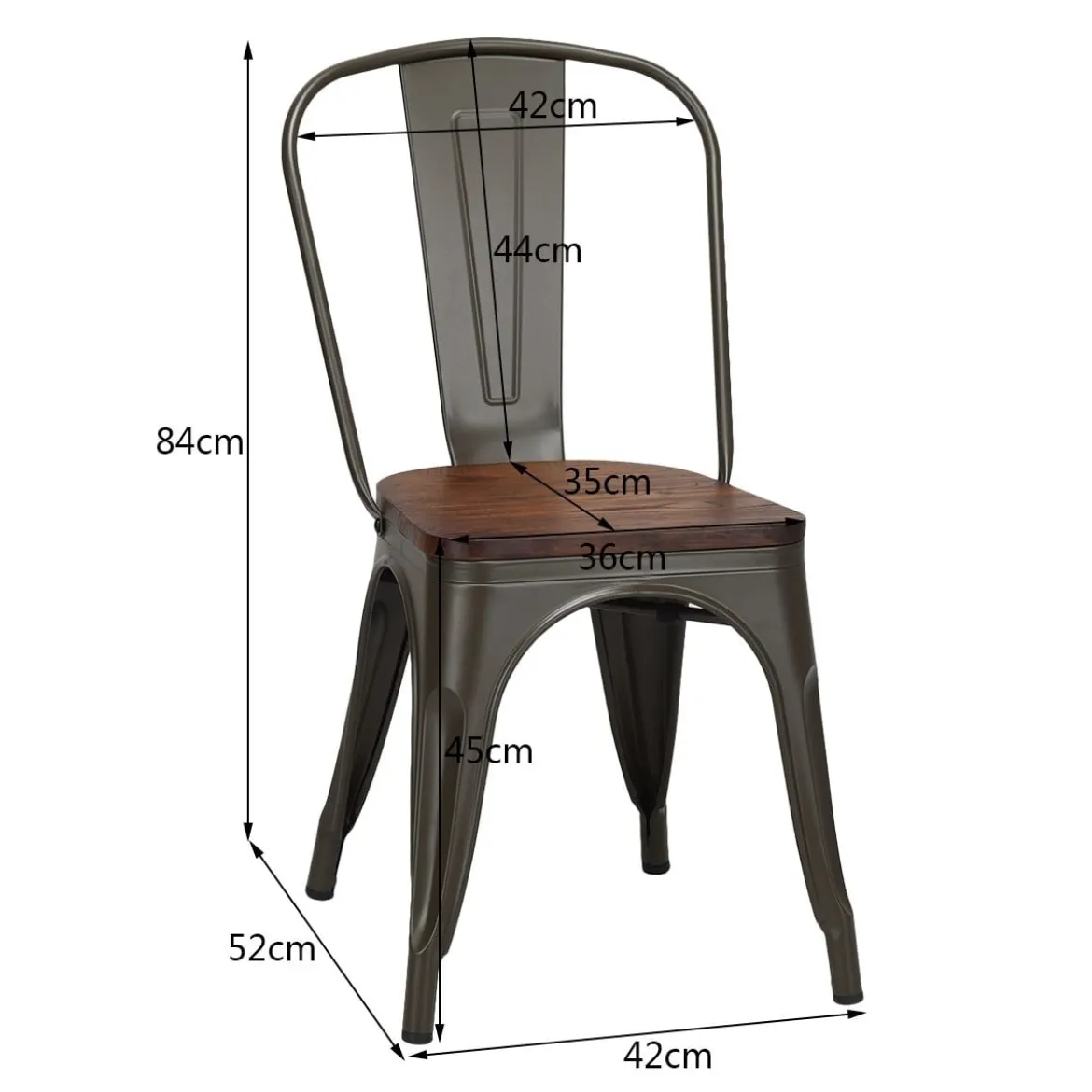 4-Teiliges Tolix Esszimmerstuhl Set aus Ulmenholz Bistrostuhl Stapelbare Metallstühle 52 x 42 x 84 cm Braun + Grau