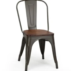 4-Teiliges Tolix Esszimmerstuhl Set aus Ulmenholz Bistrostuhl Stapelbare Metallstühle 52 x 42 x 84 cm Braun + Grau