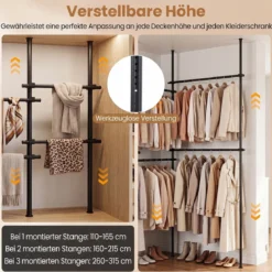 Teleskopstange Kleiderständer Höhen- und Breitenverstellbar Kleiderständer aus Metall mit 6 Stange